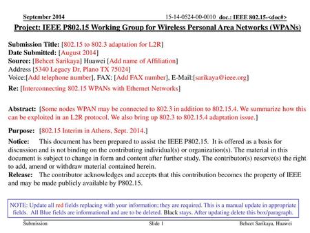 September 2014 15-14-0524-00-0010 Project: IEEE P802.15 Working Group for Wireless Personal Area Networks (WPANs) Submission Title: [802.15 to 802.3 adaptation.