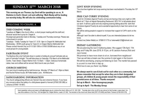 SUNDAY 11th March 2018 Lent Soup Evening