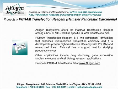 Altogen labs Leading Developer and Manufacturer of In Vivo and DNA Transfection Kits, Transfection Reagents and Electroporation Delivery Products Products.