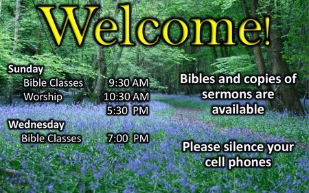 Welcome! Bibles and copies of sermons are available Please silence your cell phones Sunday Bible Classes 9:30 AM Worship 10:30 AM 5:30 PM Wednesday Bible.