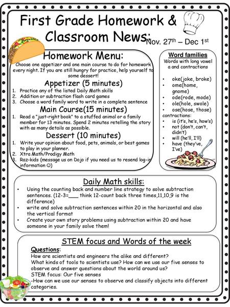 First Grade Homework & Classroom News: