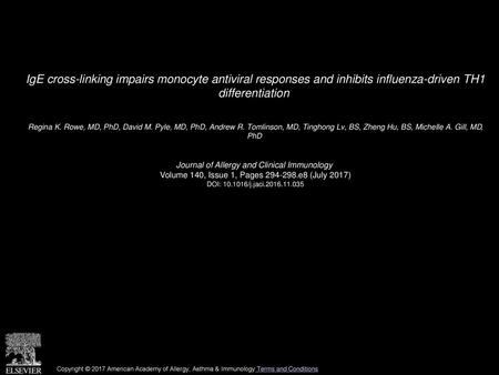 IgE cross-linking impairs monocyte antiviral responses and inhibits influenza-driven TH1 differentiation  Regina K. Rowe, MD, PhD, David M. Pyle, MD,