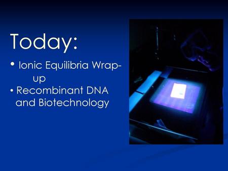 Today: Ionic Equilibria Wrap-	up Recombinant DNA and Biotechnology.