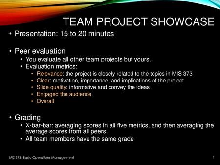 Team Project Showcase Presentation: 15 to 20 minutes Peer evaluation