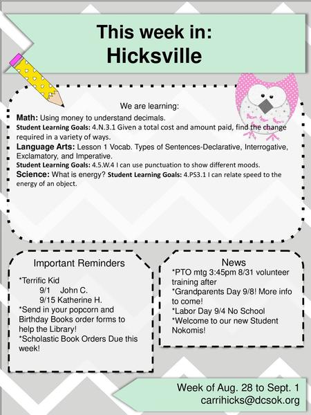 Hicksville This week in: We are learning: Week of Aug. 28 to Sept. 1