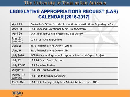 LEGISLATIVE APPROPRIATIONS REQUEST (LAR) CALENDAR [2016‐2017]