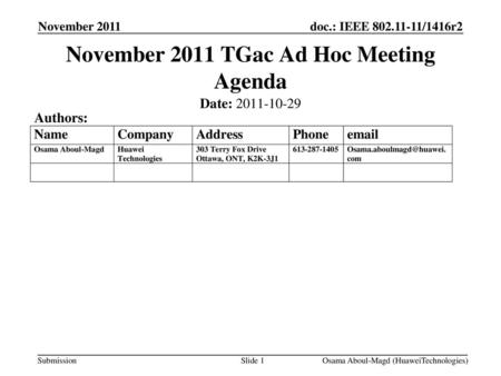 November 2011 TGac Ad Hoc Meeting Agenda