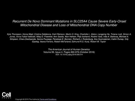 Recurrent De Novo Dominant Mutations in SLC25A4 Cause Severe Early-Onset Mitochondrial Disease and Loss of Mitochondrial DNA Copy Number  Kyle Thompson,