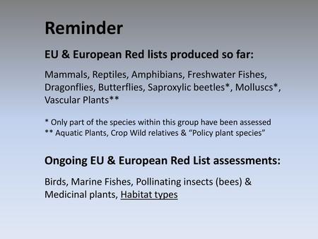 Reminder EU & European Red lists produced so far: