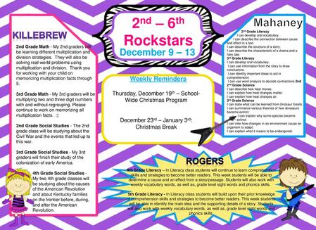 2nd – 6th Rockstars Mahaney December 9 – 13 Killebrew Rogers