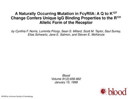 A Naturally Occurring Mutation in FcγRIIA: A Q to K127 Change Confers Unique IgG Binding Properties to the R131 Allelic Form of the Receptor by Cynthia.