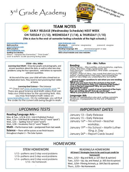 3rd Grade Academy UPCOMING TESTS IMPORTANT DATES HOMEWORK TEAM NOTES