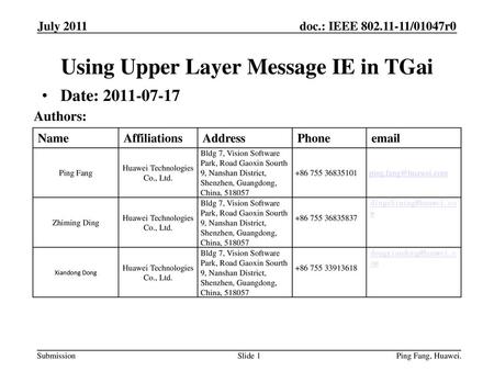 Using Upper Layer Message IE in TGai