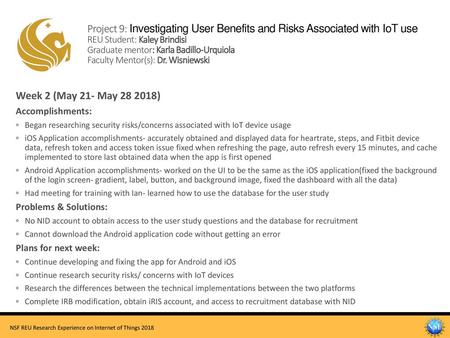 Project 9: Investigating User Benefits and Risks Associated with IoT use REU Student: Kaley Brindisi Graduate mentor: Karla Badillo-Urquiola Faculty.