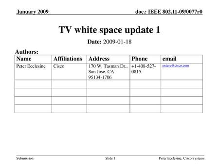 TV white space update 1 Date: Authors: January 2009