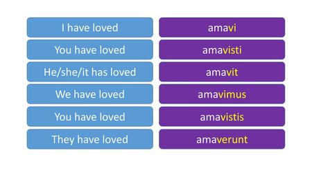 I have loved amavi You have loved amavisti He/she/it has loved amavit