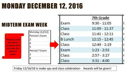 Makeup work will not be accepted after you take the midterm exam!