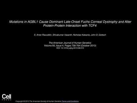 Mutations in AGBL1 Cause Dominant Late-Onset Fuchs Corneal Dystrophy and Alter Protein-Protein Interaction with TCF4  S. Amer Riazuddin, Shivakumar Vasanth,