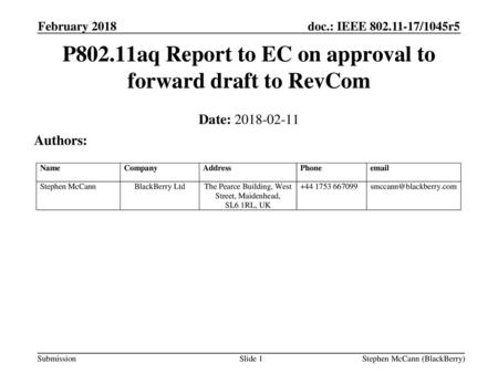 P802.11aq Report to EC on approval to forward draft to RevCom