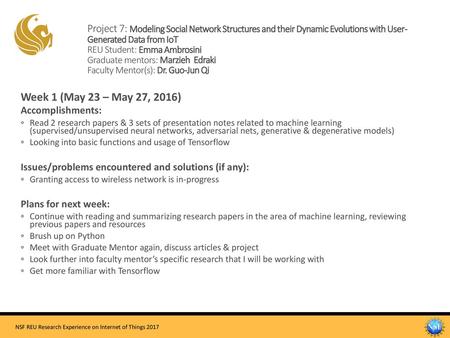 Project 7: Modeling Social Network Structures and their Dynamic Evolutions with User- Generated Data from IoT REU Student: Emma Ambrosini Graduate mentors: