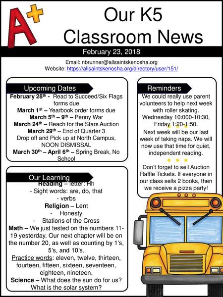 Our K5 Classroom News February 23, 2018 Upcoming Dates Reminders