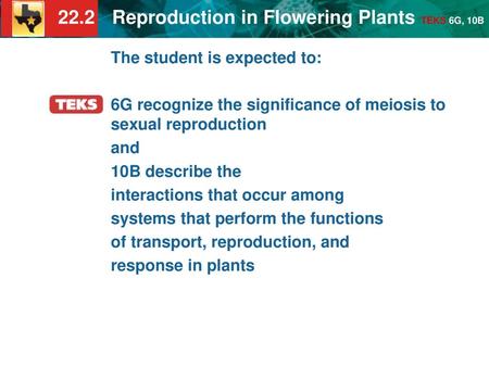 The student is expected to: 6G recognize the significance of meiosis to sexual reproduction and 10B describe the interactions that occur among systems.