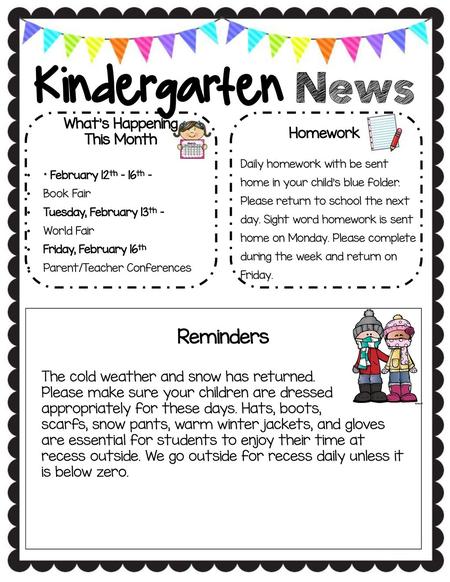 Kindergarten News Reminders What’s Happening This Month Homework