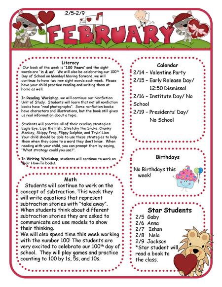 Star Students 2/5-2/9 Calendar 2/14 – Valentine Party