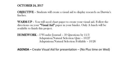 AGENDA – Create Visual Aid for presentation – (No Plus time on Wed)