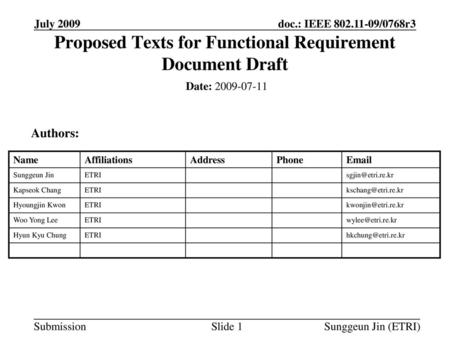 Proposed Texts for Functional Requirement Document Draft