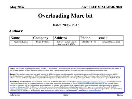 Overloading More bit Date: Authors: May 2006 Month Year