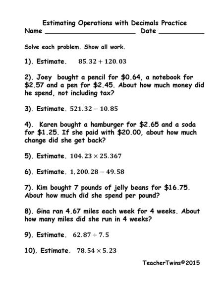 Estimating Operations with Decimals Practice