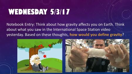 Wednesday 5/3/17 Notebook Entry: Think about how gravity affects you on Earth. Think about what you saw in the International Space Station video yesterday.