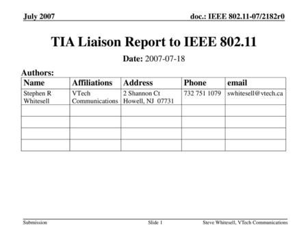 TIA Liaison Report to IEEE