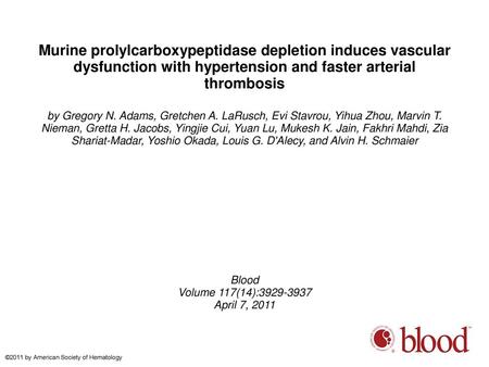 Murine prolylcarboxypeptidase depletion induces vascular dysfunction with hypertension and faster arterial thrombosis by Gregory N. Adams, Gretchen A.