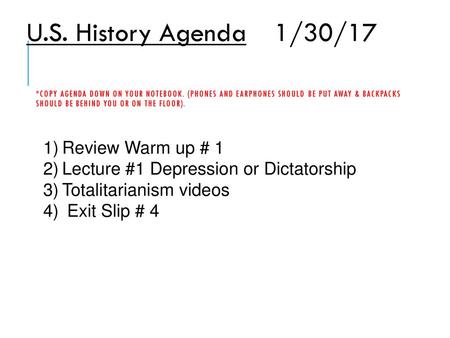 U.S. History Agenda 1/30/17 Review Warm up # 1