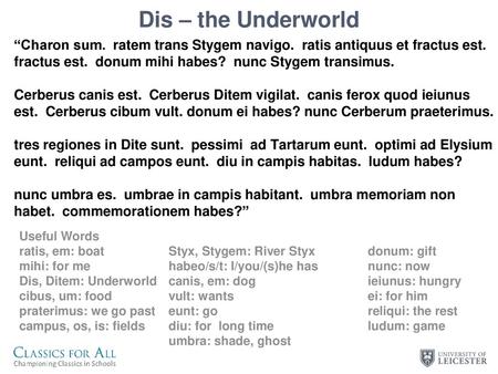 Dis – the Underworld “Charon sum. ratem trans Stygem navigo. ratis antiquus et fractus est. fractus est. donum mihi habes? nunc Stygem transimus.