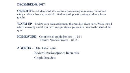 AGENDA – Data Table Quiz Review Invasive Species Interactive