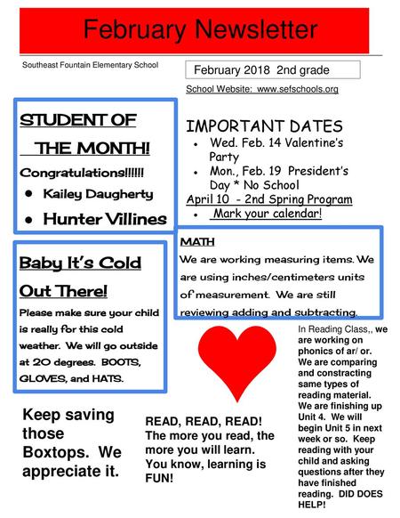 February Newsletter STUDENT OF IMPORTANT DATES THE MONTH!