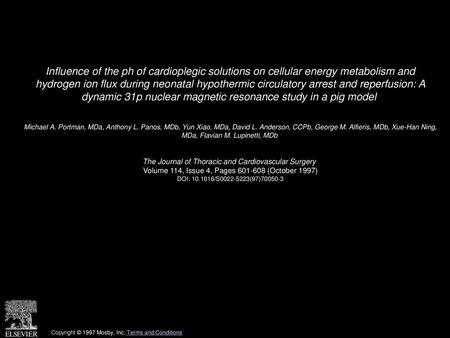 Influence of the ph of cardioplegic solutions on cellular energy metabolism and hydrogen ion flux during neonatal hypothermic circulatory arrest and reperfusion: