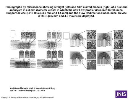 Photographs by microscope showing straight (left) and 180° curved models (right) of a fusiform aneurysm in a 3 mm diameter vessel in which the new Low-profile.