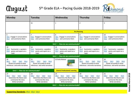 5th Grade ELA – Pacing Guide