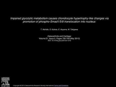 Impaired glycolytic metabolism causes chondrocyte hypertrophy-like changes via promotion of phospho-Smad1/5/8 translocation into nucleus  T. Nishida,