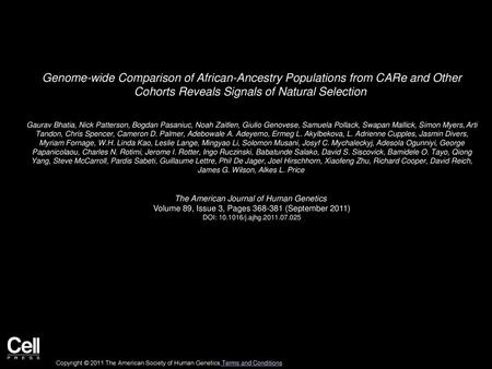 Genome-wide Comparison of African-Ancestry Populations from CARe and Other Cohorts Reveals Signals of Natural Selection  Gaurav Bhatia, Nick Patterson,