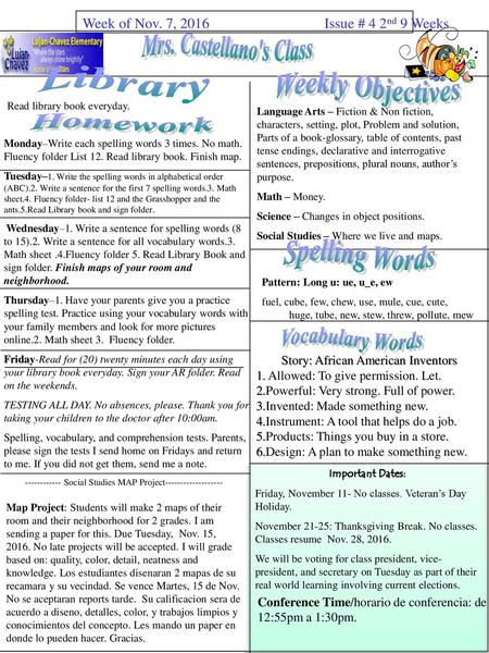 Library Weekly Objectives Homework Spelling Words