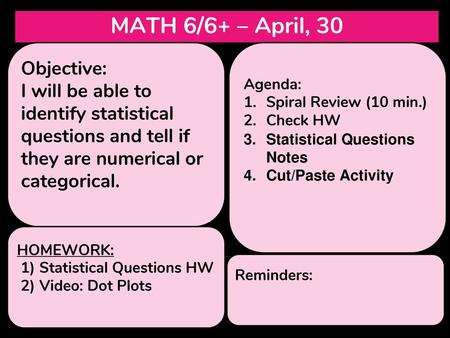 MATH 6/6+ – April, 30 Objective: