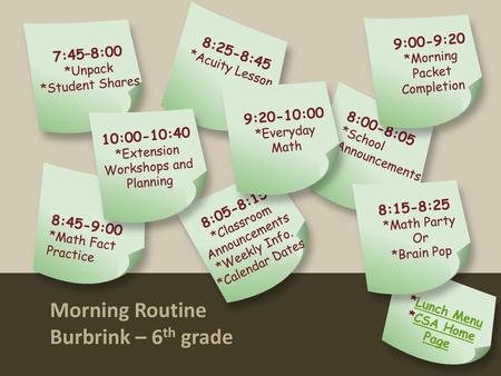 Morning Routine Burbrink – 6th grade 9:00-9:20 8:25-8:45 7:45–8:00