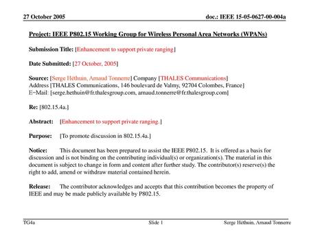 27 October 2005 doc.: IEEE a 27 October 2005