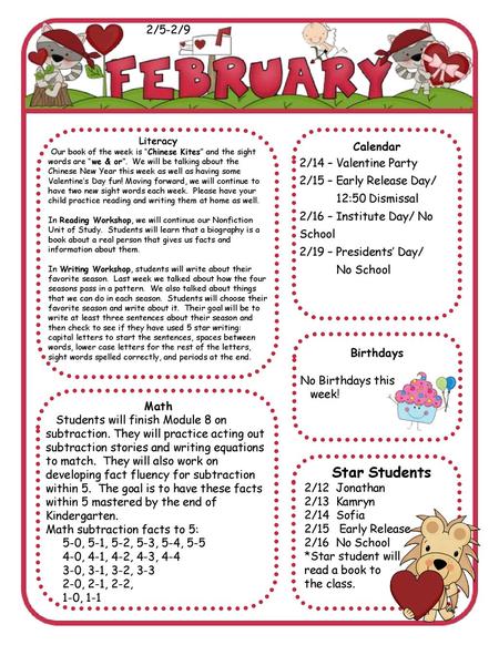 Star Students 2/5-2/9 Calendar 2/14 – Valentine Party