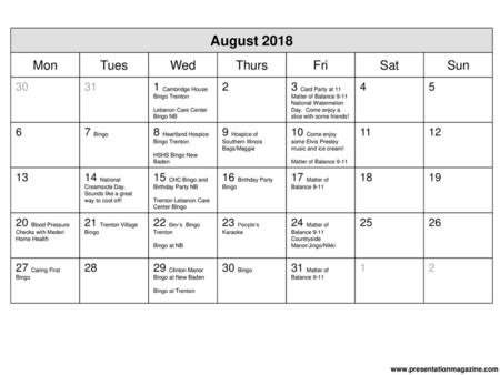 August 2018 Mon Tues Wed Thurs Fri Sat Sun 30 31